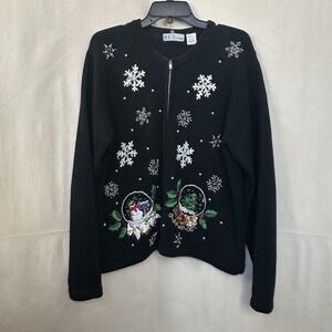 BP Design Blk Snowman‎ Christmas Knit Cardigan L Beaded Sequins Granny 80s READ
